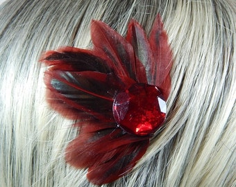 Red Feather Hair Clip - Red Feather Fascinate - Black Hair Piece - Red Hair Comb - Red Crystal Hair Bow