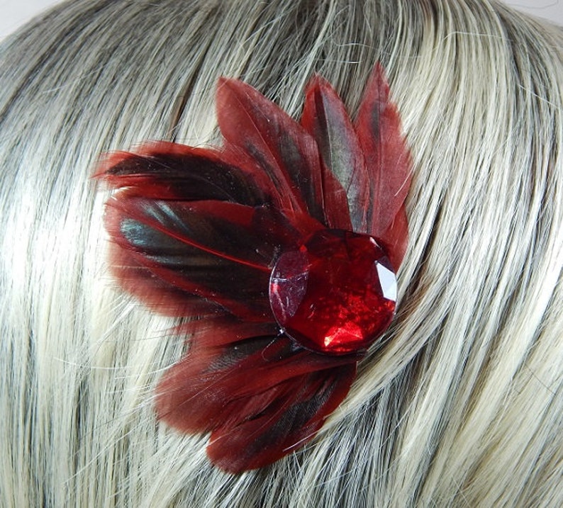 Red Feather Hair Clip Red Feather Fascinate Black Hair Piece Red Hair Comb Red Crystal Hair Bow image 1