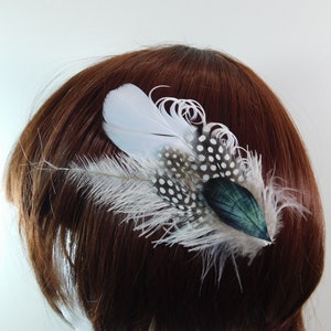 White Polka Dot Hair Clip Ostrich Fascinator Black Accent Hair Piece Pageant Hair Pin Dance Hair Clip image 1