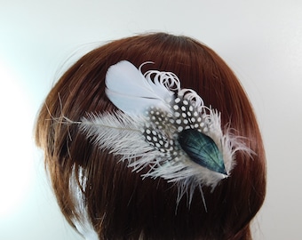 White Polka Dot Hair Clip - Ostrich Fascinator - Black Accent Hair Piece - Pageant Hair Pin - Dance Hair Clip