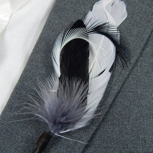 Regal Feather Boutonniere - Black and White Wedding Boutonniere - Symbolic Lapel Pin - Homecomming boutonniere - Prom