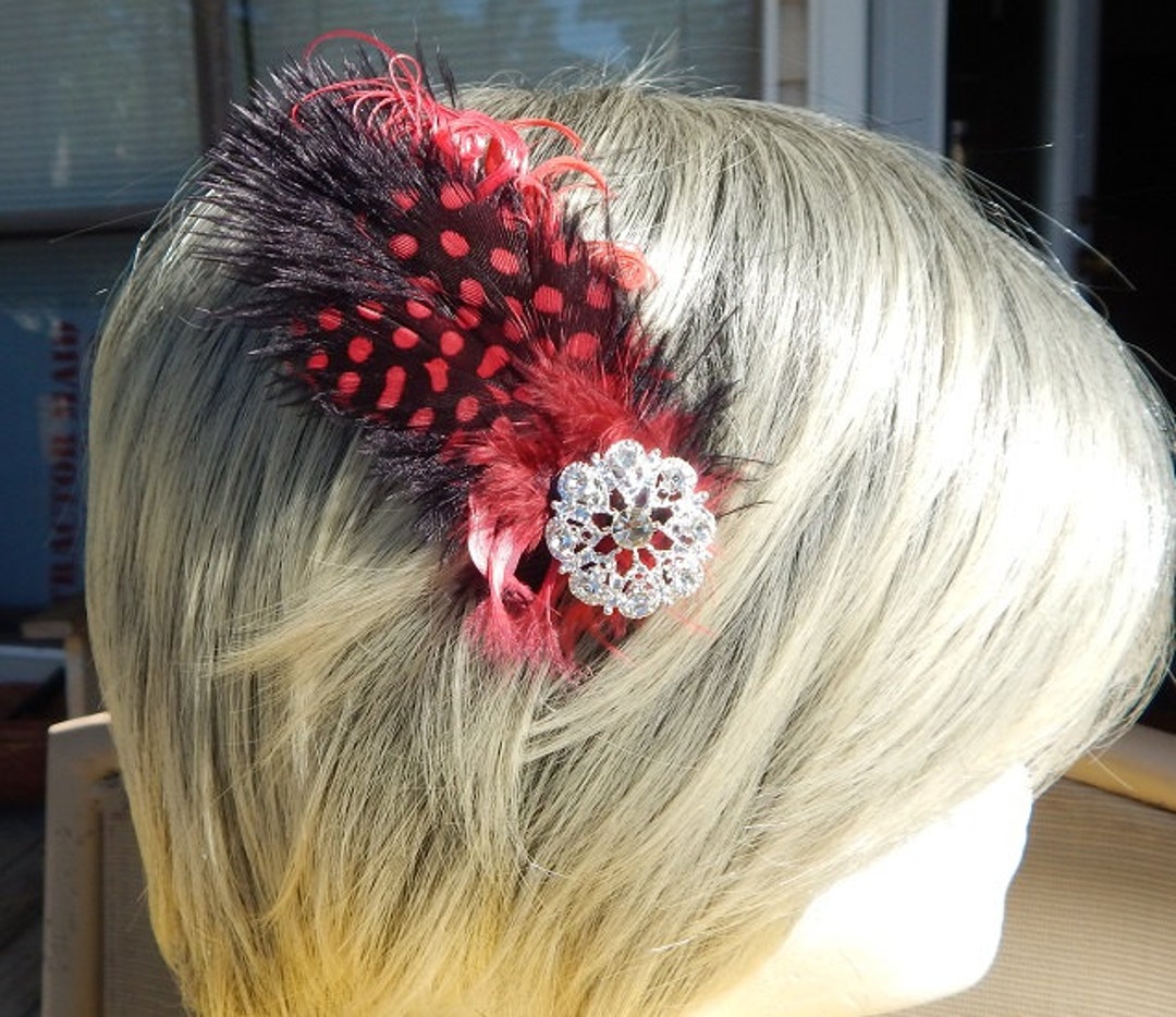 Rhinestone Feather Fascinator - Red and Black Feather Hair 