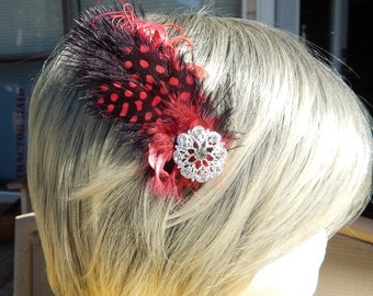 Rhinestone Feather Fascinator - Red and Black Feather Hair Clip  - Ostrich Hair Pin - Black Hair Piece - Polka Dot Fascinaor