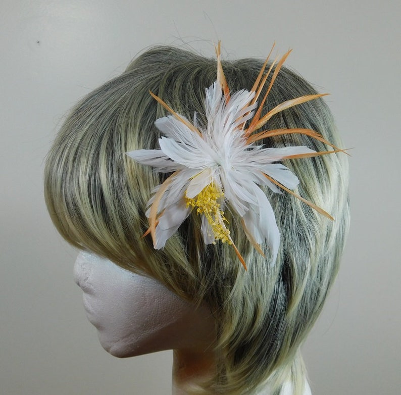 Feather Flower Fascinator Hair Clip Resembles Rare Night Blooming Cereus White Hair Pin Orange Hair Comb White Hair Piece 画像 5