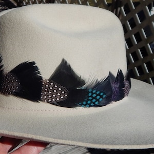 Hat Band of Black and Guinea Feathers - Purple, Natural and Blue Guinea Hat Accessory - Cowboy Hat Band