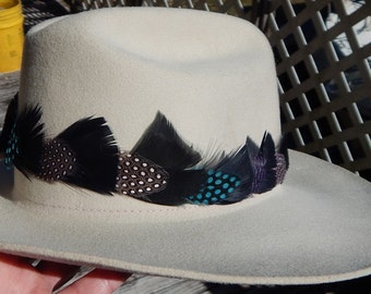 Hat Band of Black and Guinea Feathers - Purple, Natural and Blue Guinea Hat Accessory - Cowboy Hat Band