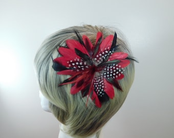 Spicy Feather Hair Fascinator - Red, and Black Hair Clip with highlights of spotted Guinea - Steam Punk Feather Hairpin