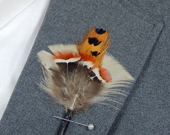 Pheasant Feather Boutonniere - Natural Feather Lapel Pin - Rustic Boutonniere - Orange Boutonniere