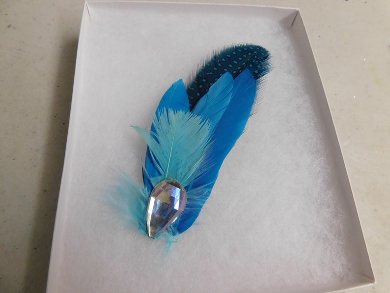 Blue Feather Hair Clip Triple Shades of Blue Feather Fascinator Party Hair Bow Blue Hair Pin Rhinestone fascinator image 2