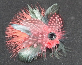 Red Feather Fascinator - Black and Red Hair Clip - Red Guinea Hair Piece - Black Hair Bow Dance Fascinator - Black Hair Pin
