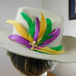 Mardi Gras Hat Feathers Purple, green, and yellow hat accessory with Gold Fleur de Lis