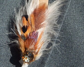 Rustic Leopard Feather Boutonniere - Wild Lapel Pin - Brown Boutonniere - Pheasant Feather Boutonniere - Prom boutonniere