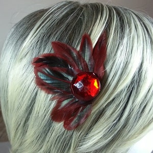 Red Feather Hair Clip Red Feather Fascinate Black Hair Piece Red Hair Comb Red Crystal Hair Bow image 3