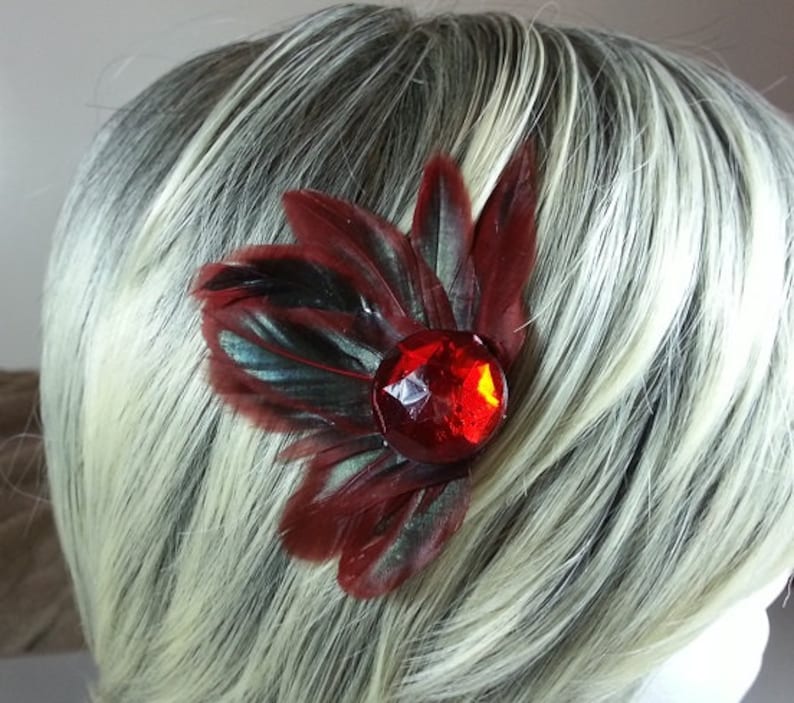 Red Feather Hair Clip Red Feather Fascinate Black Hair Piece Red Hair Comb Red Crystal Hair Bow image 3