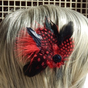 Red Feather Fascinator Black and Red Hair Clip Red Guinea Hair Piece Black Hair Bow Dance Fascinator Black Hair Pin image 4