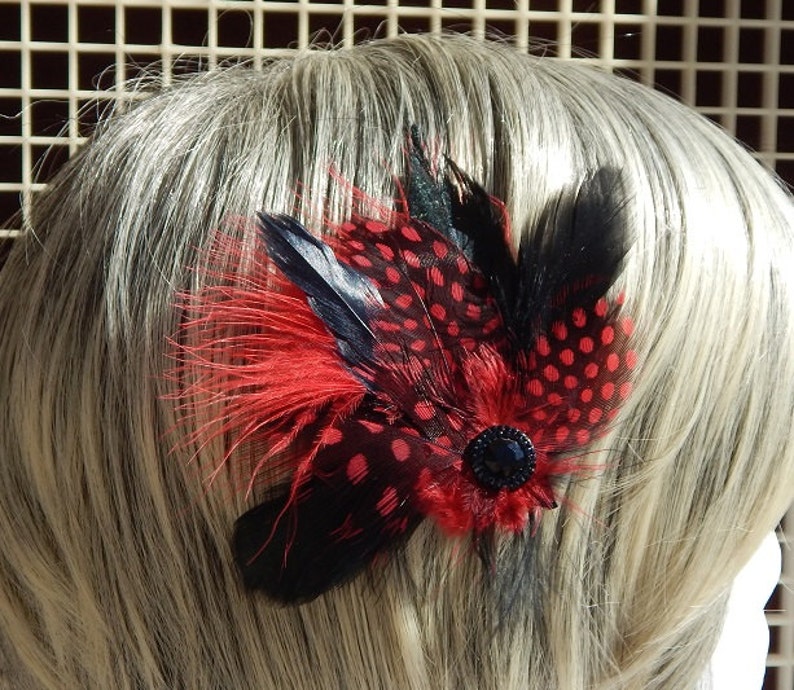 Red Feather Fascinator Black and Red Hair Clip Red Guinea Hair Piece Black Hair Bow Dance Fascinator Black Hair Pin image 4