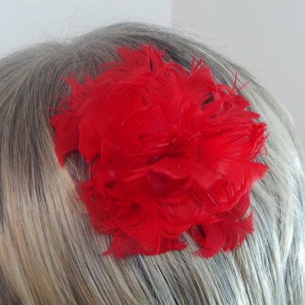 Red Rose Feather Hair Piece - Red Romantic Fascinator - Really Red Hair Comb - Feather Flower Hair Clip - Red Dance Headdress