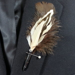 Feather Boutonniere - Tan and Brown Lapel Pin - Nice Rustic Prom Feather  - Western Boutonniere  - Ivory Lapel Pin