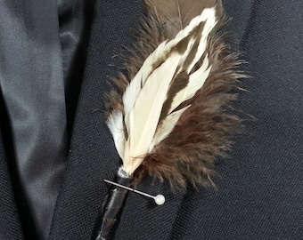 Feather Boutonniere - Tan and Brown Lapel Pin - Nice Rustic Prom Feather  - Western Boutonniere  - Ivory Lapel Pin