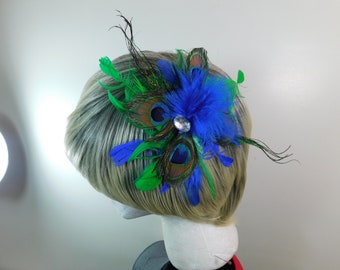 Wild Peacock Feather Head Piece Blue and Green Fascinator for Pageant, Dance, Mardi Gras Recital