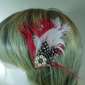 Red, White and Polka Dot feather Fascinator - Hair Peice with Pearl Cocobochon - Red Hair Clip - White Hairpin - Red Hair Feathers