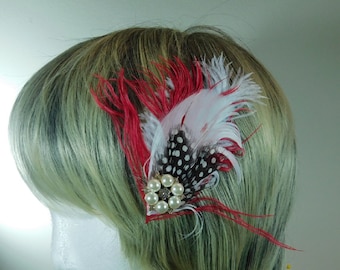 Red, White and Polka Dot feather Fascinator - Hair Peice with Pearl Cocobochon - Red Hair Clip - White Hairpin - Red Hair Feathers