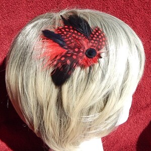 Red Feather Fascinator Black and Red Hair Clip Red Guinea Hair Piece Black Hair Bow Dance Fascinator Black Hair Pin image 5