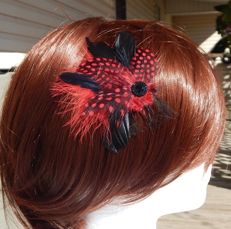 Red Feather Fascinator Black and Red Hair Clip Red Guinea Hair Piece Black Hair Bow Dance Fascinator Black Hair Pin image 3