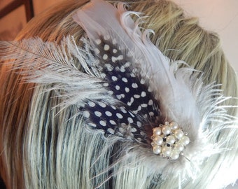 White Polka Dot Hair Clip - Ostrich Fascinator - Pearl Hair Bow - Black Accent Hair Piece - Pageant Hair Pin - Dance Fascinator