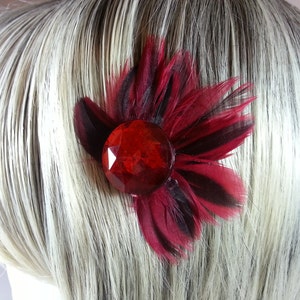 Red Feather Hair Clip Red Feather Fascinate Black Hair Piece Red Hair Comb Red Crystal Hair Bow image 2