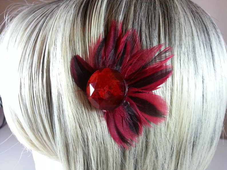 Red Feather Hair Clip Red Feather Fascinate Black Hair Piece Red Hair Comb Red Crystal Hair Bow image 2