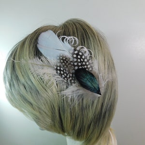 White Polka Dot Hair Clip Ostrich Fascinator Black Accent Hair Piece Pageant Hair Pin Dance Hair Clip image 2