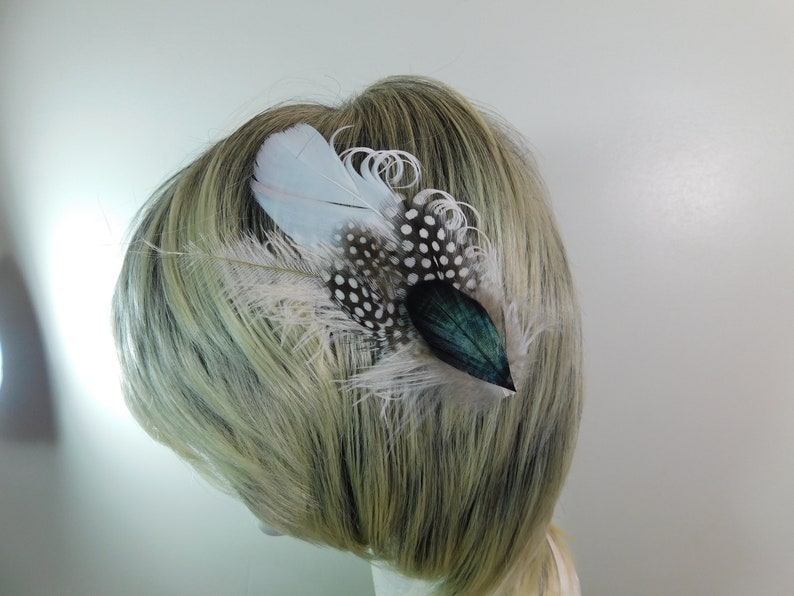 White Polka Dot Hair Clip Ostrich Fascinator Black Accent Hair Piece Pageant Hair Pin Dance Hair Clip image 2