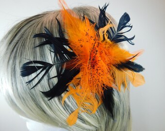Halloween Spooky Unruly Black and Orange Hair Fascinator with Black Caviar Glitter