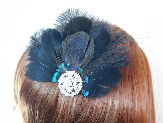 Feather Hair Clip - Black Ostrich Feather Fascinator  display picture 3