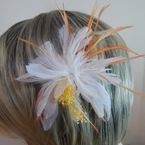 Feather Flower Fascinator Hair Clip Resembles Rare Night Blooming Cereus White Hair Pin Orange Hair Comb White Hair Piece 画像 3