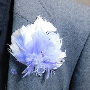 Spring Lavender Flower Feather Boutonniere - White Lapel Pin - Flower Lapel Pin