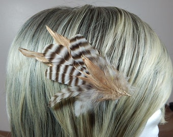 Rustic Hair Fascinate - Gold Feather Hair Clip - Barred Feather Hair Comb - Natural Color Feather Hair Piece - Dance Hair Bow