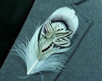 Symbolic Feather Boutonniere - Black Zebra Feather Prom Boutonniere -  Boutonniere for Groom - Homecoming Boutonniere