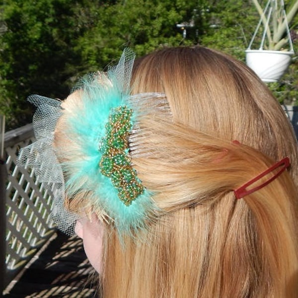 Aqua Beaded Fascinator - Gold Hair Clip - Green Headdress - Pageant Hair Piece - Dance Hair Bow - Blue Hair Pin