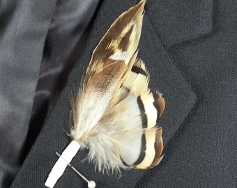 Fan Tail Feather Boutonniere - Natural Earth Tone Lapel Pin - Rustic Prom Boutonniere - Western Boutonniere - Homecoming Boutonniere