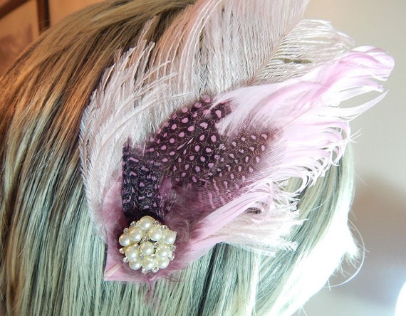 Polka Dot Feather Fascinator - Pink Hair Clip - Pearl Hair  display picture 3
