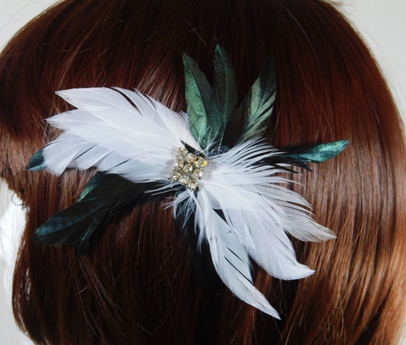 Feather Hair Clip, White and Black With Square Rhinestones  display picture 3