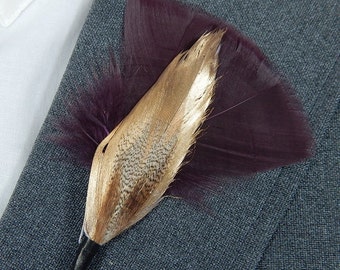 Elegant Feather Boutonniere - Men's Gold and Burgundy Lapel Pin - Prom Boutonniere - Groom Boutonniere -Homecoming boutonniere