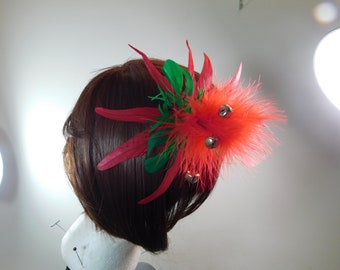 Christmas Hair Fascinator - Red Hairpin with Real Jingle Bells - Green Hairpin - Christmas Bells - Feather Hair Fascinator