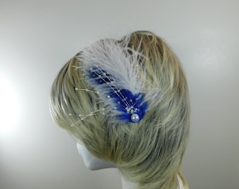 Blue Feather Hair Clip - White Feather Fascinator - Pearl Hair Piece - Blue Hair Comb - Pagent Hair Bow - Party  Hair Fascinator