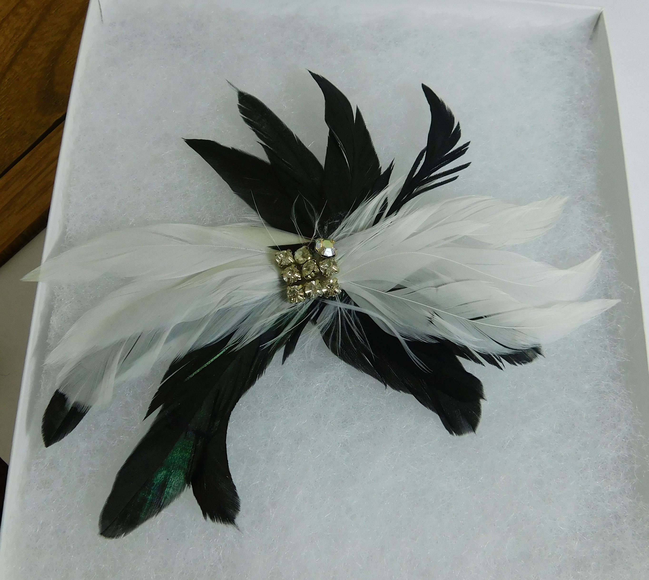 Black & White Feather Fascinator Hair Clip. Handmade in the USA. Fascinator Hat, off White Net and Lace Flowers and Leaves  main image 2
