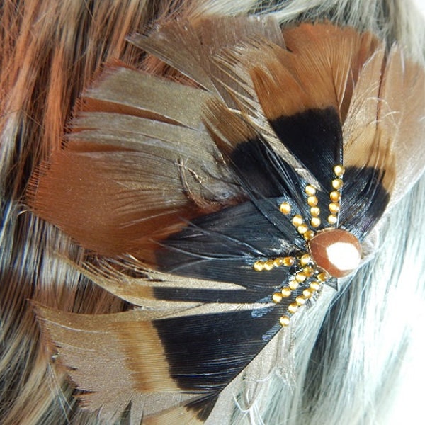 Fan Feather Fascinator - Gold and Black Feather Hair Piece - Rhinestone Hair Clip - Black Hair Bow - Gold Hair Comb - Dance Headdress