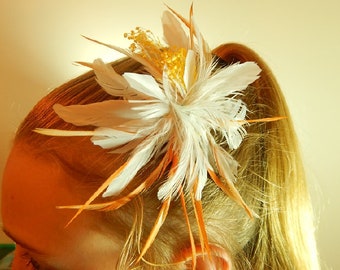 Feather Flower Fascinator - Hair Clip Resembles Rare Night Blooming Cereus - White Hair Pin - Orange Hair Comb - White Hair Piece