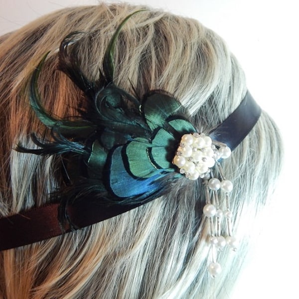 Gatsby Feather Hair Band - Peacock Feather Fascinator - Pearl Headdress -Tassel Hair Piece -Black Head Band - Green Fascinator